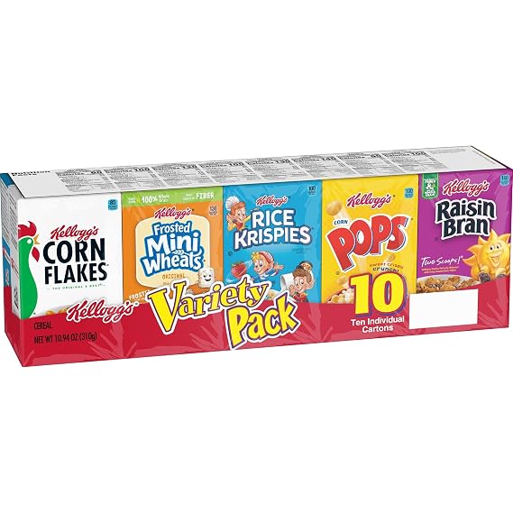 Kelloggs Breakfast Cereal Assorted Variety Pack, Corn Flakes, Frosted Flakes, Frosted Mini-Wheats Original, Raisin Bran, Froot Loops, Corn Pops, Rice Krispies, Special K Original, Single Serve, 10.94 oz 10 Count