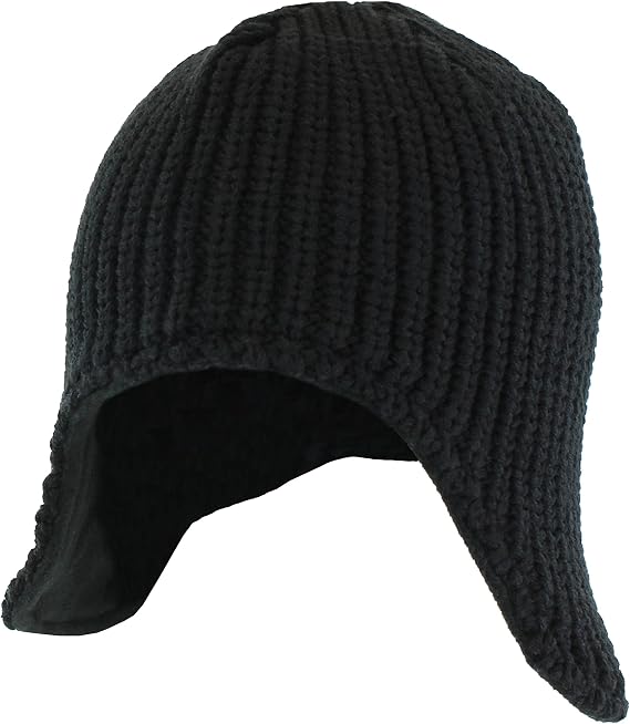 Black Winter Knit Sherpa Beanie Hat w/Earflaps & Fleece Lining, Snug Fit Cap