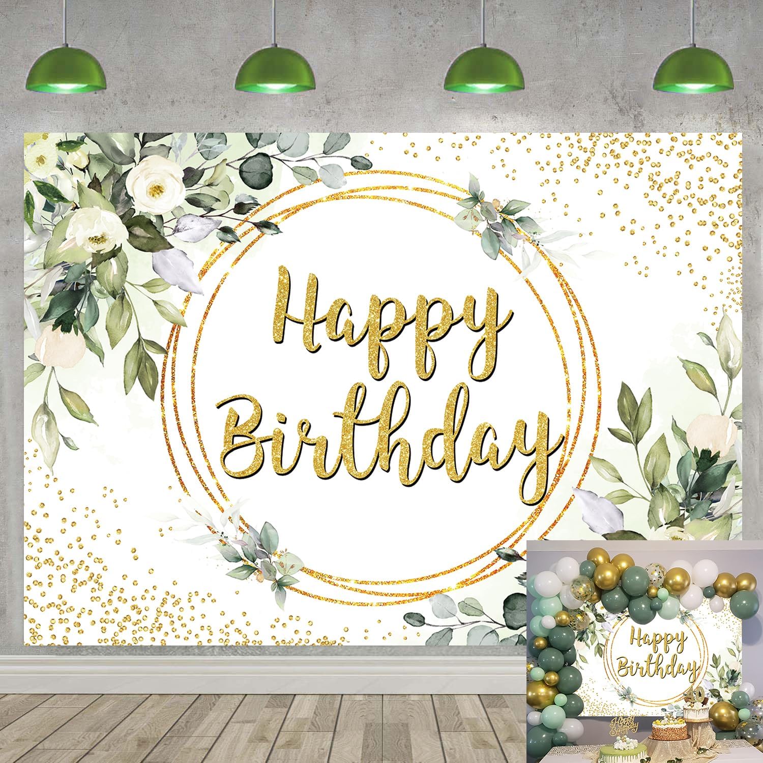 Greenery Happy Birthday Backdrop Green and Gold Eucalyptus Green Leaves Photography Backdrop Safari Jungle Girl Women Baby Shower Birthday Party Decor Background 7X5FT210x150cm
