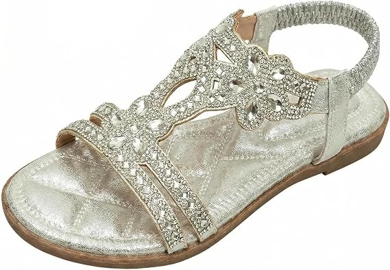 Womens Bohemia Flats Sandals Bohemia Rhinestone Open Toe Elastic Ankle Strap Sandals Summer Beach Shoes Sandals