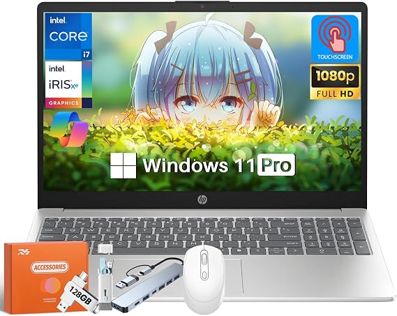HP 2025 15.6" FHD Touchscreen Laptop, 13th Gen Intel i7-1355U(Up to 5.0GHz), 64 GB DDR4, 2 TB SSD, Intel Iris Xe Graphics, Wi-Fi 6, Fast Charge, Copilot AI, HD Camera, Windows 11 Pro, w/Accessories