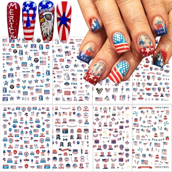 8 Sheets American Independence Day Nail Art Stickers, 3D Self-Adhesive USA Flag Heart Star Eagle Nail Designs, Patriotic Nail Supplies for Women