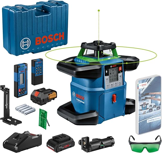 Bosch Professional GRL 650 CHVG Rotasyon Lazeri Set (Yeşil Lazer, Dış Mekan Tesviye, 1x18V 4,0 Ah Akü + Şarj Cihazı, Mobil Uygulama Destekli, Maksimum Çalışma Alanı: 650 m, Taşıma çantası)