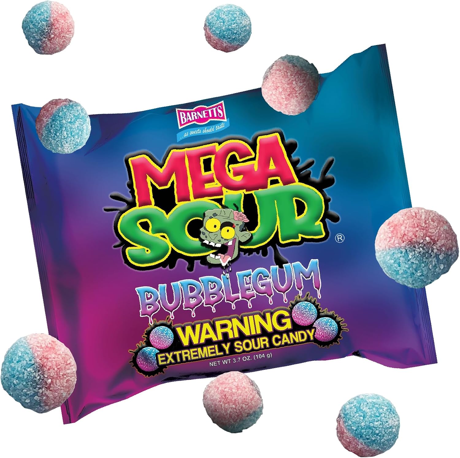 Barnetts - Mega Sour Candy Bubblegum 104g - Trendy Sweet Bags - Traditionally Handmade Sweets - Sour Coating Lasts 20 Seconds - Candies for Party Bag, Gift Hamper, or Hamper Box