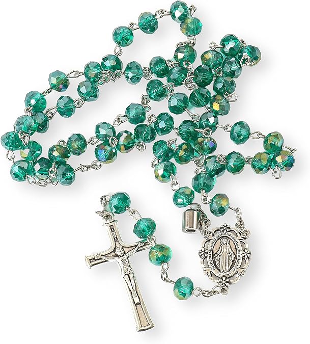 Nazareth Store Crystallized Green Beads Rosary Prayer Necklace Our Father Projection with Miraculous Medal and Jesus Cross