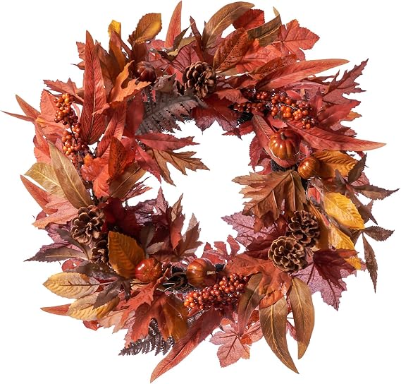 DN DECONATION 24 Inch Fall Wreaths for Front Door, Autumn Farmhouse Wreaths | with Orange Pumpkins, Leaves, Pinecones & Berries for Indoor Outdoor Porch Home Wall Thanksgiving Harvest Festival Decor