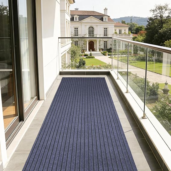 Stripe Runner Rug 3 x 15 ft Indoor Outdoor, Gray Non Slip Rubber Backing, Waterproof Low Profile Area Runner for Hallway, Entryway, Kitchen, Patio, Garage, Stairs & Laundry
