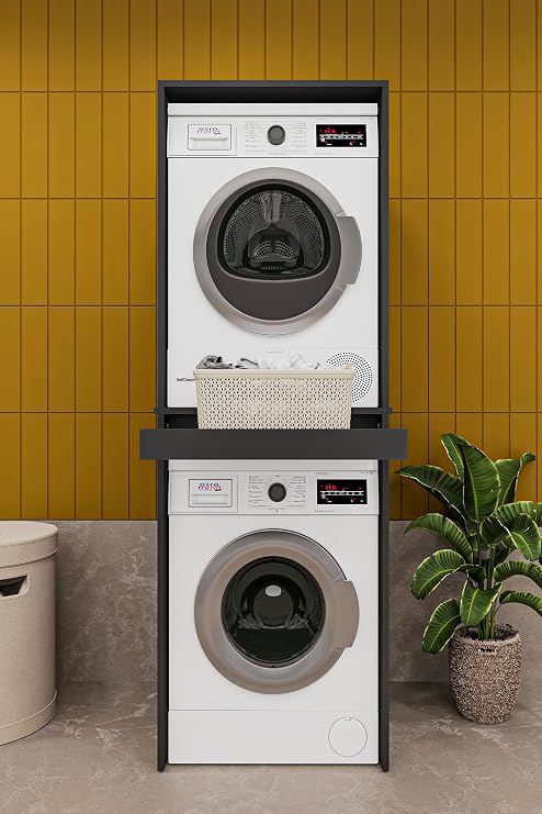ASRA TREND Koyu Gri BD-05 Çamaşır ve Kurutma Makinesi Dolabı 65x60x194 cm Çekmeceli Ara Raflı Üst Üste Yerleşim Ünitesi%100 MDFLAM Banyo Düzenleyici