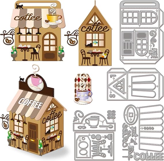 GLOBLELAND 3D Coffee Shop Box Cutting Dies Tables Chairs Metal Die Cuts House Cutting Embossing Templates for Scrapbooking Crafts Paper Cards Making