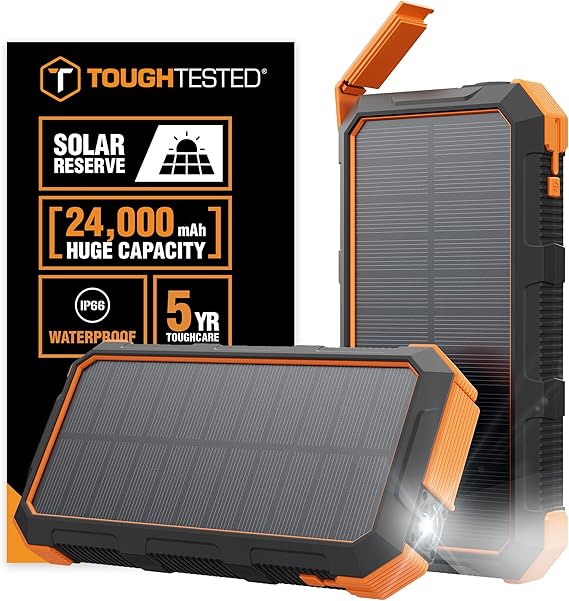 ToughTested 24000mAh Solar Power Bank Portable Charger, Fast Charging External Battery Pack with LED Flashlight, IP66 Waterproof, Dustproof, Shockproof USB-C Power Bank for Camping, Travel & Emergency