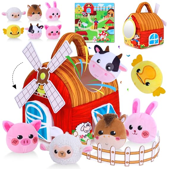 Baby Toys 6-12 Months, Barn Farm Soft Stuffed Animal Set with Windmill Fence Rattle Crinkle Paper, Sensory Toys for Babies Toddlers Montessori Toys for 6 9 Months Old Boy Girl