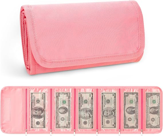 Money Organizer for Cash, Pink Money Storage with 6 Zippered Pocket for Travel Currencies Receipts Bills, Envelope Budgeting for Kids