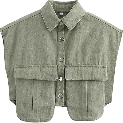 Denim Vest Women Button Down Polo Neck Cropped Loose Sleeveless Shirt Top Jean Jacket Coat with Pockets