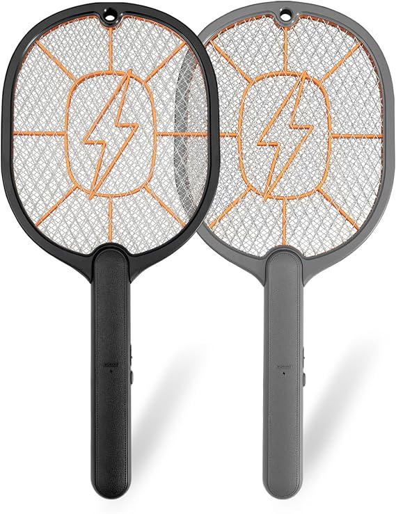 2-Pack Electric Fly Swatter Battery Powered Mosquito & Bug Zapper Racket with Safe Mesh & Wall-Mount Design for Indoor and Outdoor Use Black & Gray
