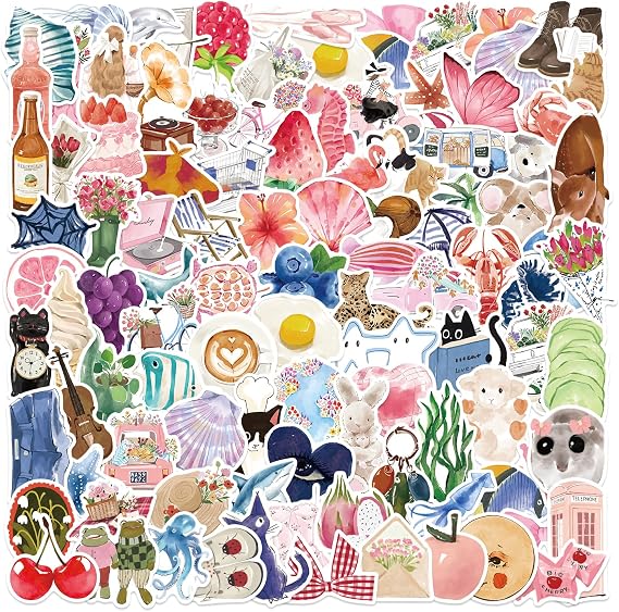 100 Pack Aesthetic Stickers - Waterproof Vinyl Decals for Water Bottle, Laptop, Journal | Cute Cartoon Watercolour Designs | Unique Gift Ideas for Girls, Teens, Adults