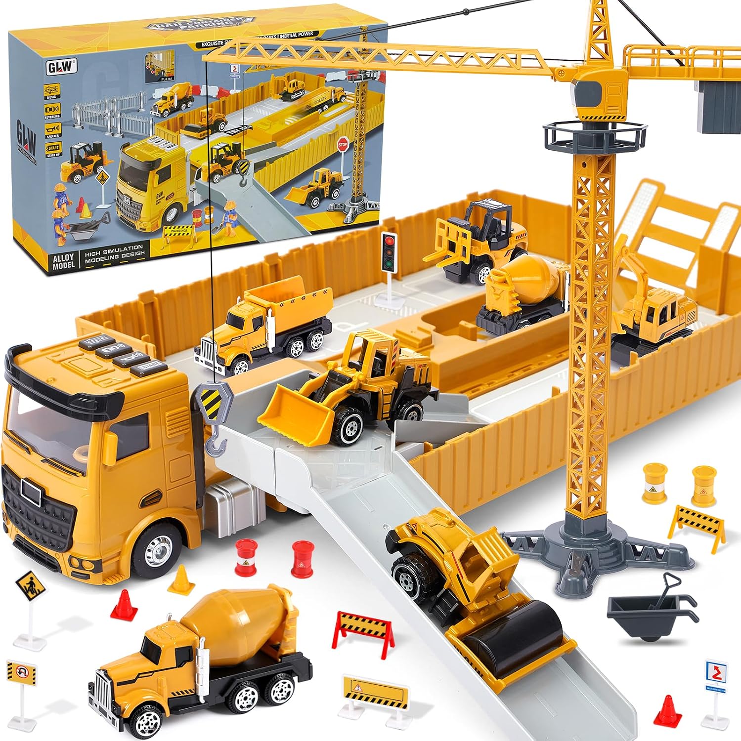 Construction Vehicles Children Large Truck Vehicle Toy Gifts from 2 3 4 5 Boy Gift Ideas with Crane Excavator Steam Roller Bulldozer Truck Concrete Mixer Construction Vehicles Toy Children Boys