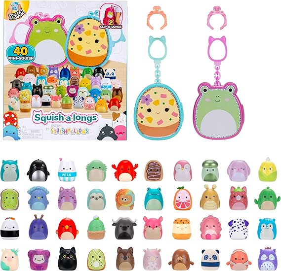 Squish-a-longs Çoklu paket - 2 Clip-a-Longs ve 40 Mini Squish içerir