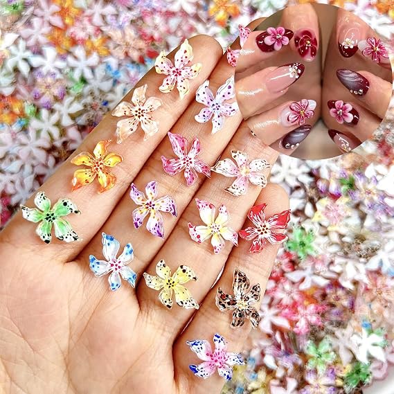 50Pcs Flower Nail Charms for Nails Flowers Nail Rhinestones Spring Hibiscus Flowers Resin Nail Gems Jewelry Flower Nail Decals 3D Mixed Colorful Flower Nail Art Supplies for Women Manicure Decorations