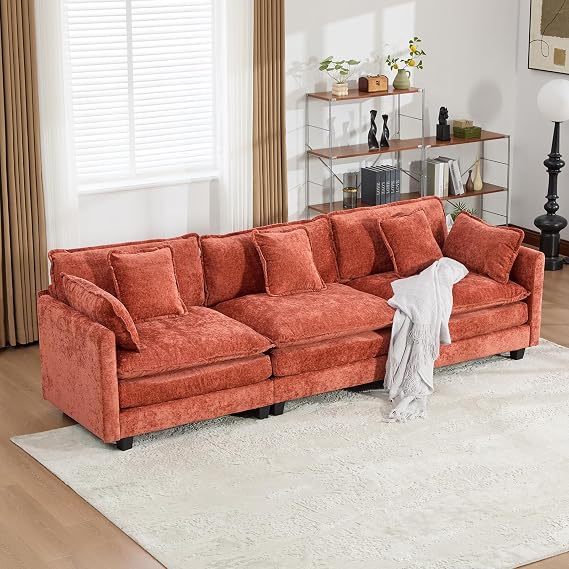 111.5” Orange Modular Sectional Sofa, 3 Seater Large Sectional Couches for Living Room, Chenille Fabric Oversized Cloud Couch with Ottoman, Deep Seat Home Sofas Set, Sofá Moderno