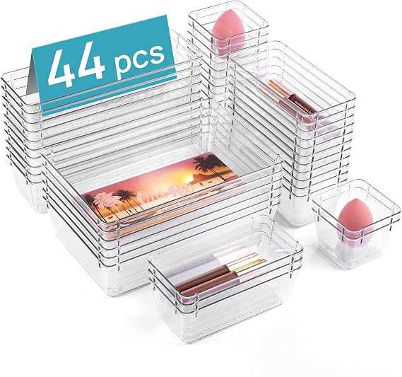 Vtopmart 44 Pack Drawer Organiser, 4-Size Desk Organiser Drawers, Clear Plastic Storage Bins for Makeup, Bedroom, Kitchen Gadgets Utensils and Office | Stackable Transparent Design for Bathroom, Dressing Table, Kitchen and Office,  with Non-Slip Mat, Easy to Clean