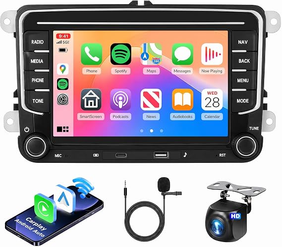 4G 64G Car Stereo for VW Passat Jetta Golf Touran Seat Golf Radio, Type-C/USB Wireless Carplay Android Auto 7" IPS Touch Screen 36EQ DSP Bluetooth 5.0 Android 15 GPS WiFi FM/RDS AHD Camera
