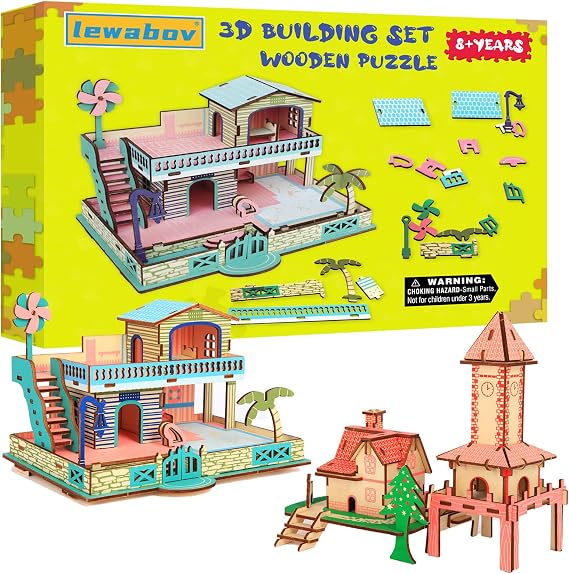 3D Wooden Puzzle,3D Architectural Model Building Set for Teens,Model House, for Kids,Stocking Stuffers for Boys & Girls,Arts and Crafts for Kids 8+.(2 Puzzles)