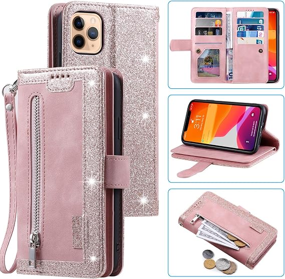 UEEBAI Wallet Case for iPhone 12 iPhone 12 Pro 6.1 inch, Retro 9 Card Holder Slots Zipper Pocket Handbag Case PU Leather Magnetic Closure Kickstand Wrist Strap TPU Shockproof Flip Case - Rose Gold