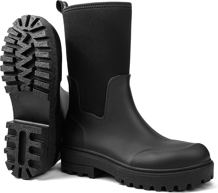 DKSUKO Women Rain Boots Waterproof,Rubber Short Mid Calf Pull on Snow Mud Shoes