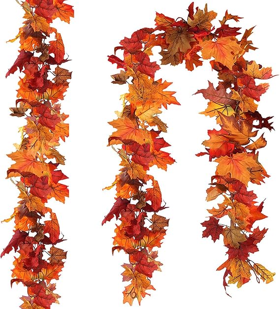 CQURE 2 Pack Artificial Autumn Fall Maple Leaf Garland, 5.9Ft/Piece Fall Leaves Hanging Vine Artificial Autumn Foliage Garland Thanksgiving Decor for Home Wedding Fireplace Party Christmas