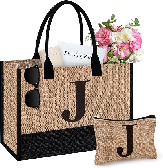 Initial Jute Tote Bag & Makeup Bag, Birthday Gifts for Women Her Mum Teacher, Suitable for Wedding, Beach, Holiday