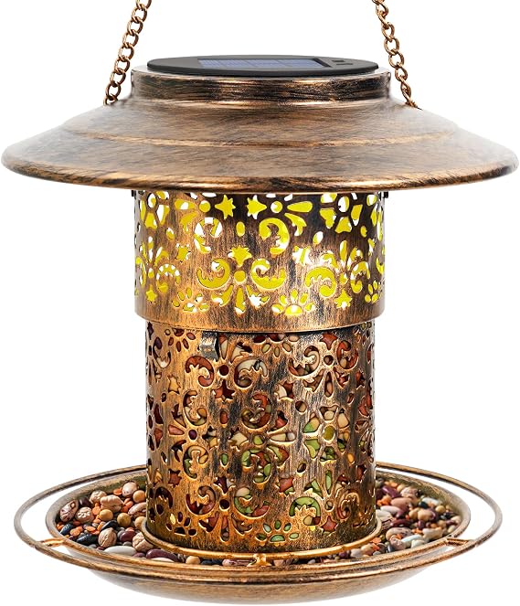 DY-SKTY Metal Bird Feeder for Outdoor Hanging, Large Capacity Solar light Wild Bird Feeder with Drainage Holes,Landing Ring, Solar Lanterns for Garden Decoration, Unique Bird Watching Gift for Outside