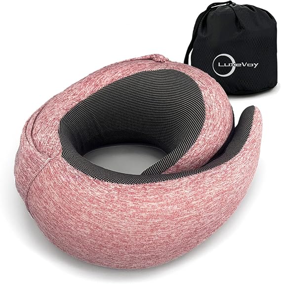 2025 Travel Neck Pillow with Stowable Hood,Ergonomic Neck Pillow Airplane,Premium Memory Foam,360o Contoured Design,Washable Cover,Complete Travel Set,for Flight,Car and Office (Pink)