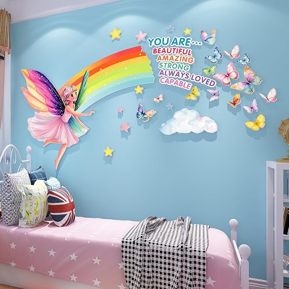 3D Fairy Wall Stickers for Girls Room Decor Wall Decals Peel and Stick for Girls Bedroom Large Pink Decor for Nursery Toddler Inspirational Princess Art Pictures Kids Murals Wallpaper