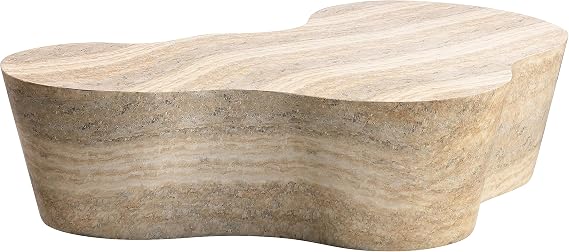 First of a Kind Concrete Coffee Table in Travertine - Modern Living Room Table with Marble Veneer Finish - Indoor/Outdoor Use & Handmade - Free-Form Design, 59.4" W x 30" D x 15" H