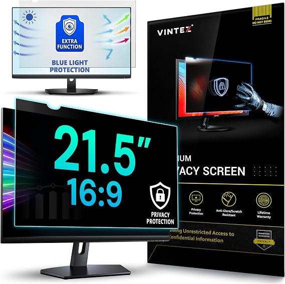 VINTEZ 21.5 Inch 16:9 Privacy Screen for Computer Monitor and Laptop - Anti Glare Protector Film Blue Light Filter Eye Protection - Computer Screen Privacy Shield, [1 Pack]