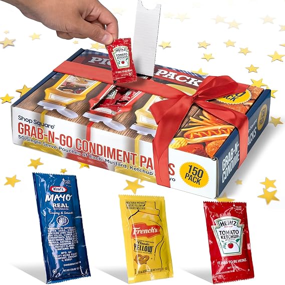 Grab-n-Go Condiment Packs - (150 Pack) 50 Single Serve Pouches of Ketchup, Mustard, Mayo - Dispenser Box, Great for Picnics, Boxed Lunch, BBQ, Travel, and Parties