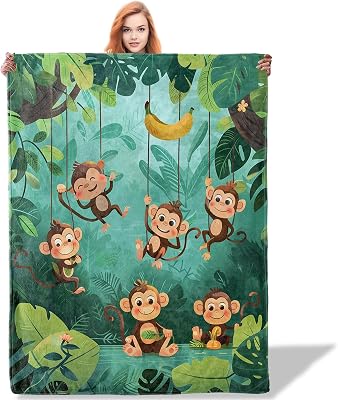 Jungle Monkey Throw Blanket for Women Girls Boys, Soft Flannel Blankets Gifts for Living Room Couch, Home, Sofa Decor, 50x60