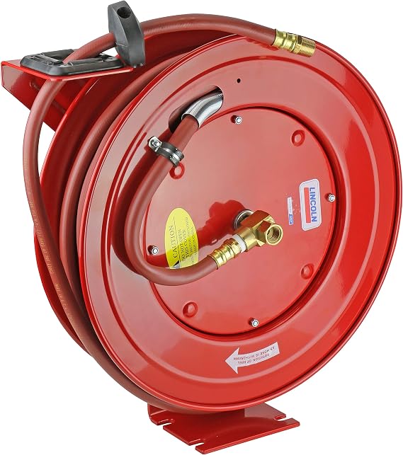 Lincoln 83753 Value Series Air/Water Retractable Hose Reel with 50' x 3/8" Rubber Air Hose, 1/4" NPT, 300 PSI, Slotted Mounting Base, 5-Position Adjustable Outlet Arm, All-steel Construction, Red