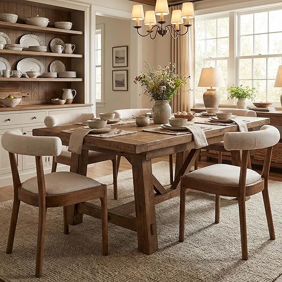 Dining Chairs Set of 2, Mid Century Modern Linen Upholstered Kitchen Chairs Side Chairs for Restaurant Hotel, Natural Walnut Wood Frame, Curved Back, Beige