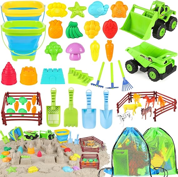 FHOZGECY Farm Beach Toys with Trucks, Animals, Veggies for Kids Ages 3-12
