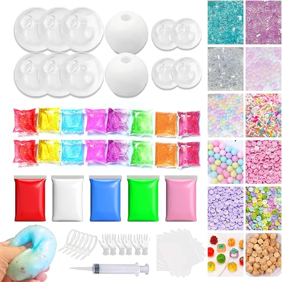 Anergoo DIY Stress Ball Making Kit 12 TPR Ball Skins, 12 Fillers, 7-Color Slime & 5-Color Clay, Squishy Maker Kit, ASMR Sensory Toys, Squishy Makers, Creative Craft Gift Adults