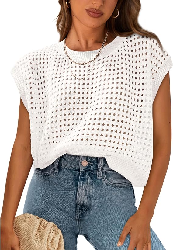 PRETTYGARDEN Womens Spring Tops 2026 Summer Shirts Crochet Cap Sleeve Sweater Pullover Cute Beach Vacation Clothes