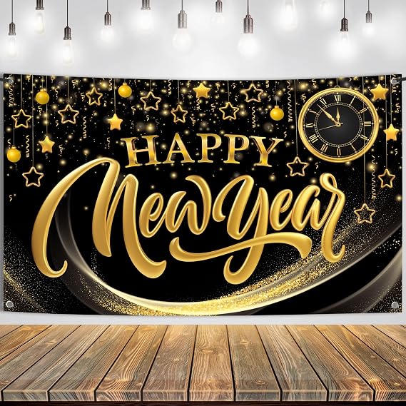 KatchOn Happy New Year Banner 72x44 Inch | Happy New Year Backdrop for New Years Decorations 2026, NYE Eve Banner for NYE Decorations 2026