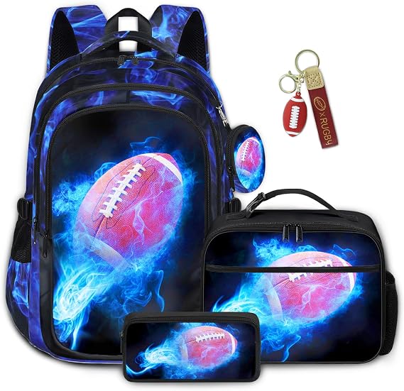 Boys American Football Backpack with Lunch Box, Kids Backpack for School