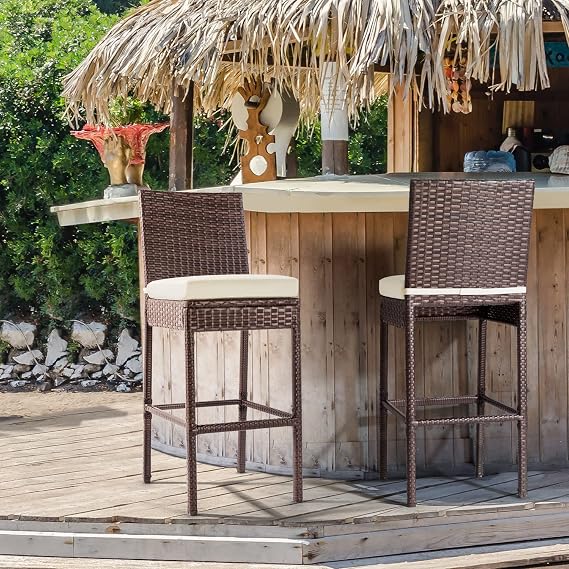 Outdoor Bar Stools Wicker Woven Patio Stools & Patio Bar Chairs Set of 2 Counter Bar Height Stools with Footrest Armless Cushion Beige All Weather Rattan Garden Stool for Pool Lawn Porch Backyard