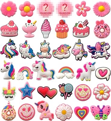 Pink Flower & Unicorn Shoe Charms for Girls, 36 PCS Cute Icecream Shoe Decoration Pins for Clog, Shoe Accessories for Kids & Women Party Favor Gifts