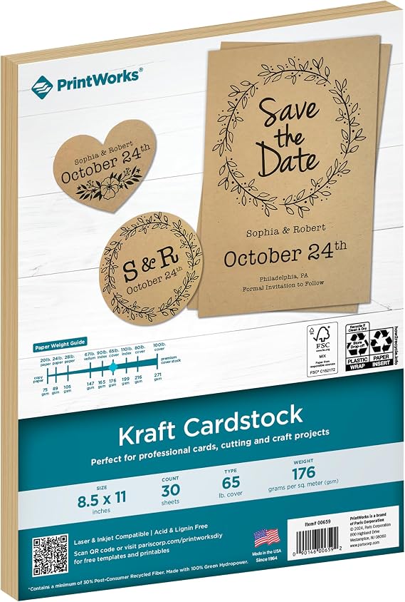PrintWorks Kraft Cardstock 8.5" x 11" - 30 Sheets - Heavyweight Brown Card Stock Ideal for School & Craft Projects - 65 lb/176 gsm - Made in the USA - FSC Certified (00659)