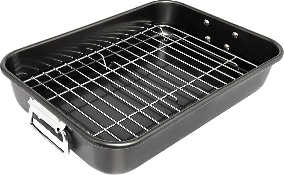 Roasting Pan with Rack and Handles - 15 Inch Carbon Steel Roaster Pan for Oven - Large Roaster Pot for Turkey Chicken Meat & Vegetables, Dishwasher Safe, Heavy Duty, Black, GLW-TGHJG-1