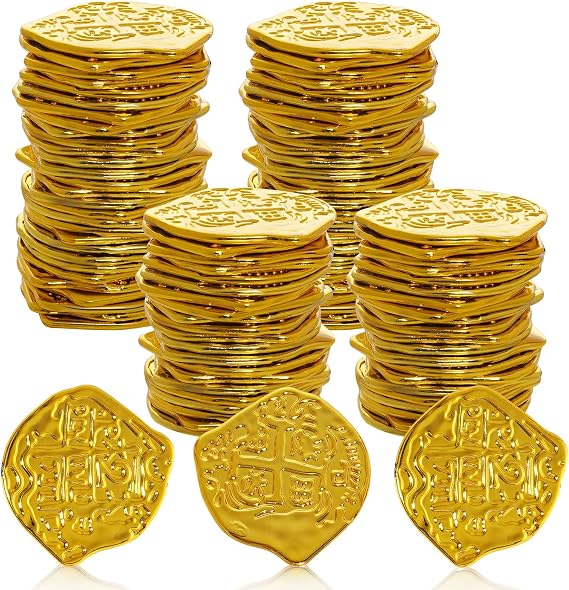 SUMERSHA 100Pcs Plastic Gold Coins Pirate Fake Treasure Coins for Pirate Birthday Adventure Themed Party Decorations Treasure Hunt Game Supplies (Gold)