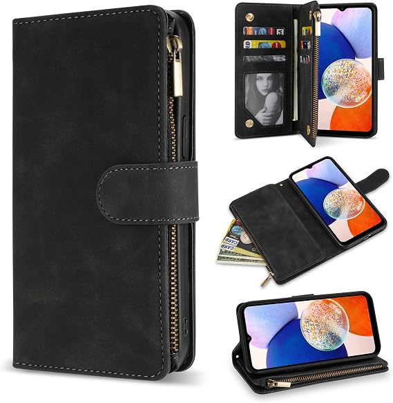 for Samsung Galaxy A14 5G Wallet Case with RFID Blocking Card Slot PU Leather Zipper Flip Folio with Strap Kickstand Protective Cover for Samsung Galaxy A14 5G Case Wallet(Black-6.6 inch)
